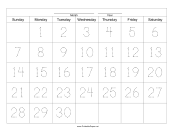 Printable Handwriting Calendar - 30 Day - Monday