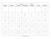 Printable Handwriting Calendar - 29 Day - Saturday