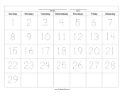 Printable Handwriting Calendar - 29 Day - Sunday