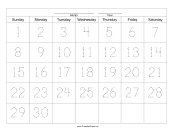 Printable Handwriting Calendar - 30 Day - Sunday