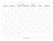 Printable Handwriting Calendar - 31 Day - Sunday