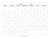 Printable Handwriting Calendar - 30 Day - Tuesday