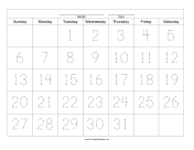 Printable Handwriting Calendar - 31 Day - Tuesday