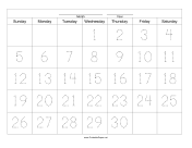 Printable Handwriting Calendar - 30 Day - Wednesday