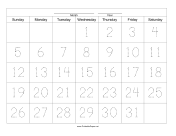 Printable Handwriting Calendar - 31 Day - Wednesday