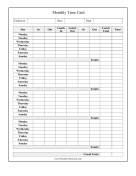 Four Weeks Monthly Time Card With Lunch