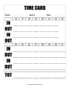 Large Print Semi-Monthly Time Card Second Half Horizontal